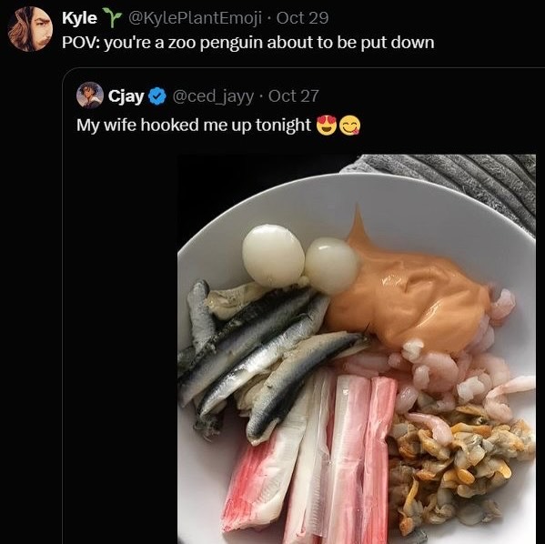 POV: you're a zoo penguin about to be put down. My wife hooked me up tonight 😍😋