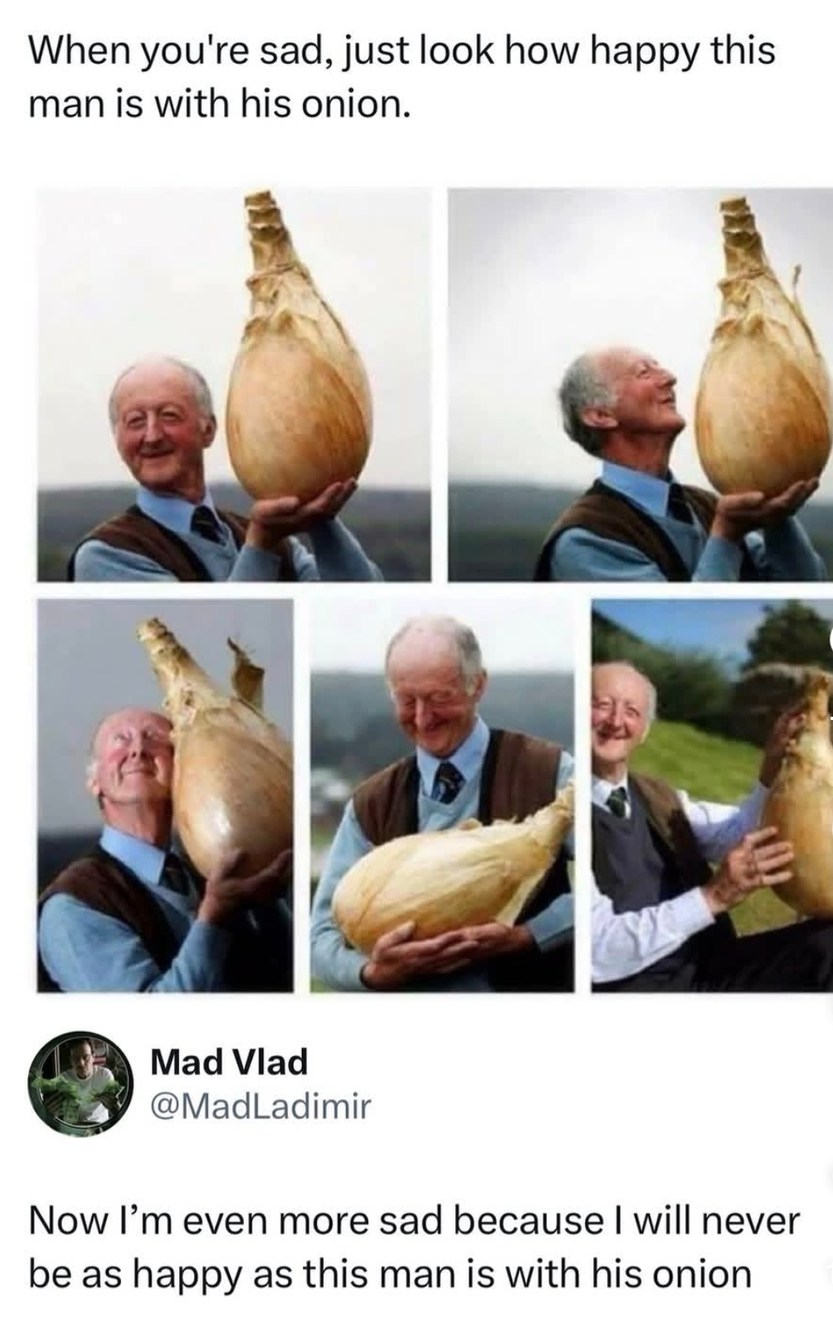 When you're sad, just look how happy this man is with his onion. Mad Vlad @MadLadimir Now I'm even more sad because I will never be as happy as this man is with his onion