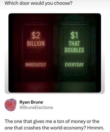 Which door would you choose? $2 BILLION IMMEDIATELY $1 THAT DOUBLES EVERYDAY Ryan Brune @BruneElections The one that gives me a ton of money or the one that crashes the world economy? Hmmm.