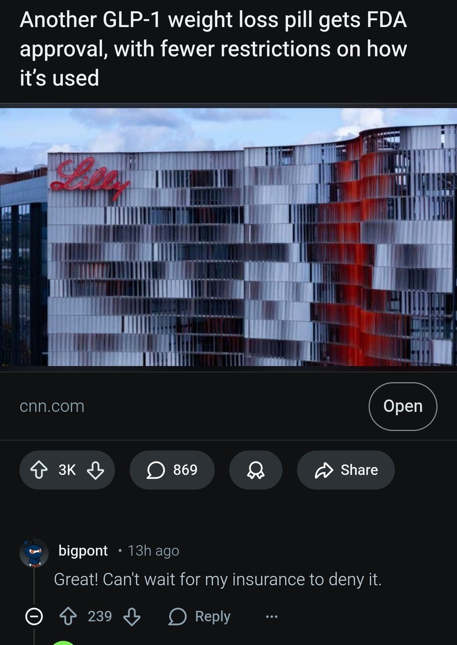 Another GLP-1 weight loss pill gets FDA approval, with fewer restrictions on how it's used. The image shows a building with the 'Lilly' logo. A user comment reads: 'Great! Can't wait for my insurance to deny it.'