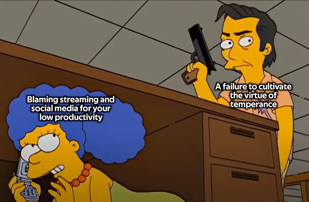 Blaming streaming and social media for your low productivity. A failure to cultivate the virtue of temperance.