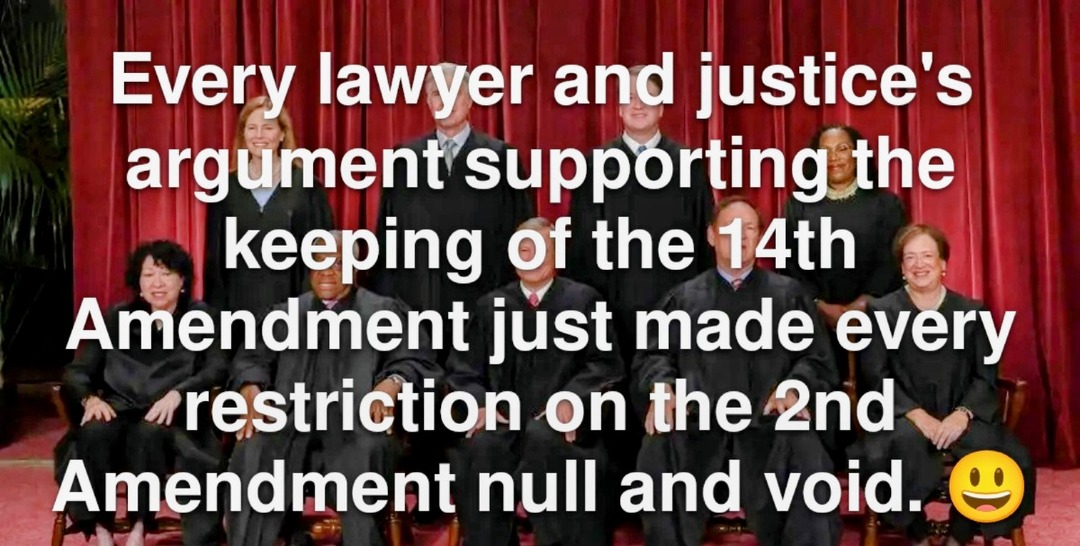 Every lawyer and justice's argument supporting the keeping of the 14th Amendment just made every restriction on the 2nd Amendment null and void. 😉