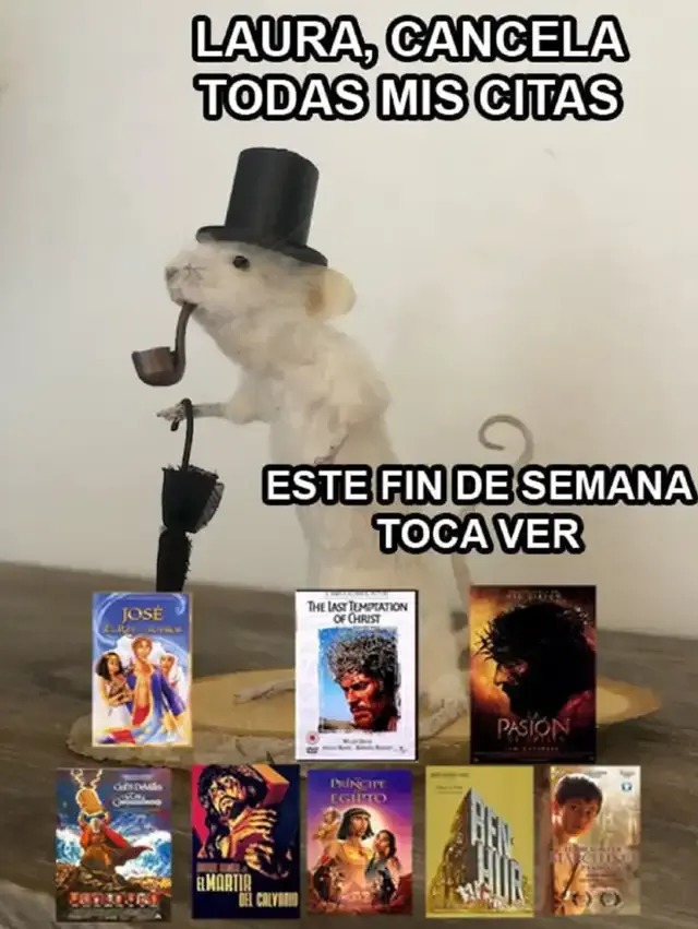 LAURA, CANCELA TODAS MIS CITAS ESTE FIN DE SEMANA TOCA VER. (Películas: José: El Rey de los Sueños, La Última Tentación de Cristo, La Pasión de Cristo, Los Diez Mandamientos, El Mártir del Calvario, El Príncipe de Egipto, Ben-Hur, Jesús de Nazaret)
