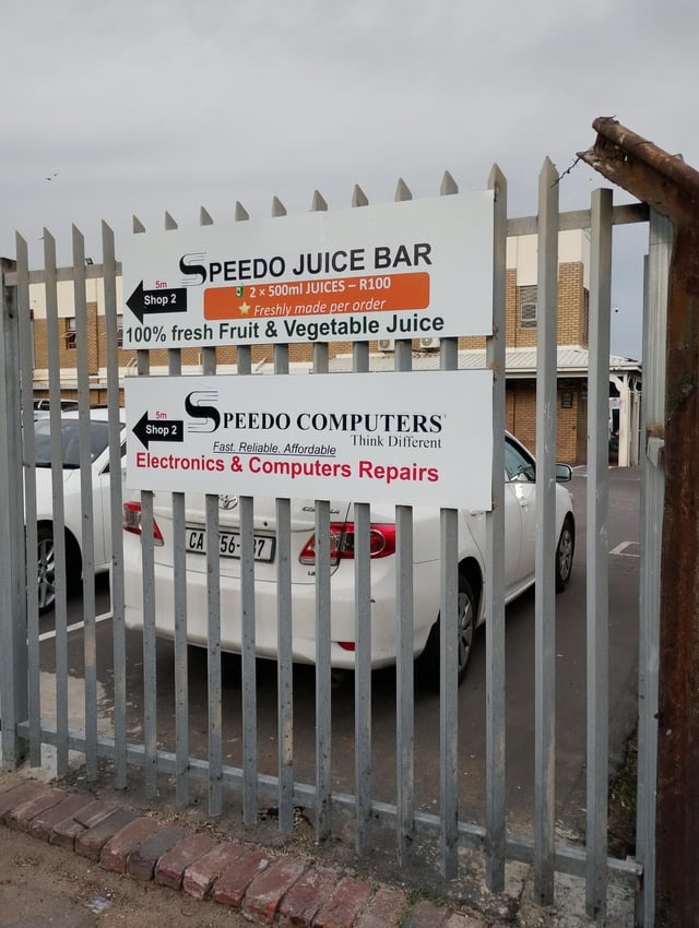 SPEEDO JUICE BAR 2 x 500ml JUICES - R100 Freshly made per order 100% fresh Fruit & Vegetable Juice 5m Shop 2 SPEEDO COMPUTERS Fast, Reliable, Affordable Think Different Electronics & Computers Repairs 5m Shop 2