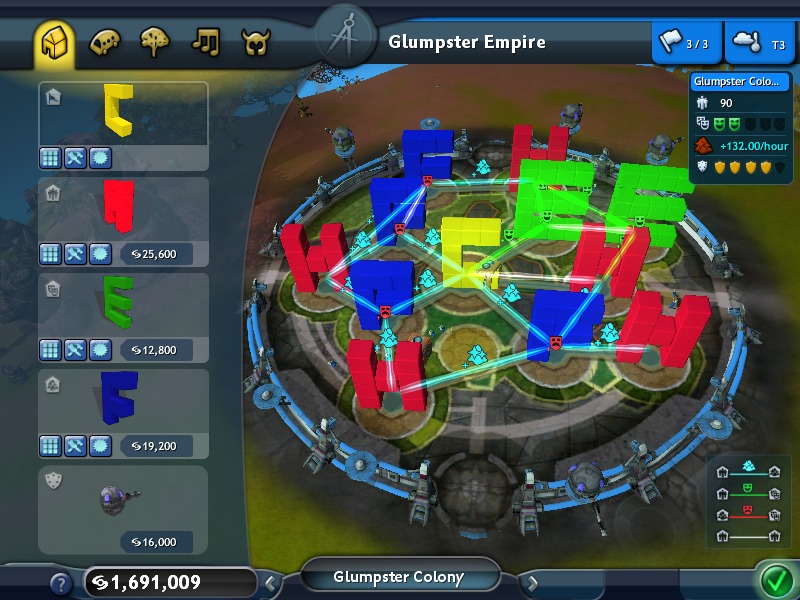 Glumpster Empire. Glumpster Colony. 90. +132.00/hour. 25,600. 12,800. 19,200. 16,000. 1,691,009. The game screen shows a colony with structures forming the word 'WELFARE' using colored blocks (red, blue, green, yellow). Various game interface elements like resource counts and building options are visible.