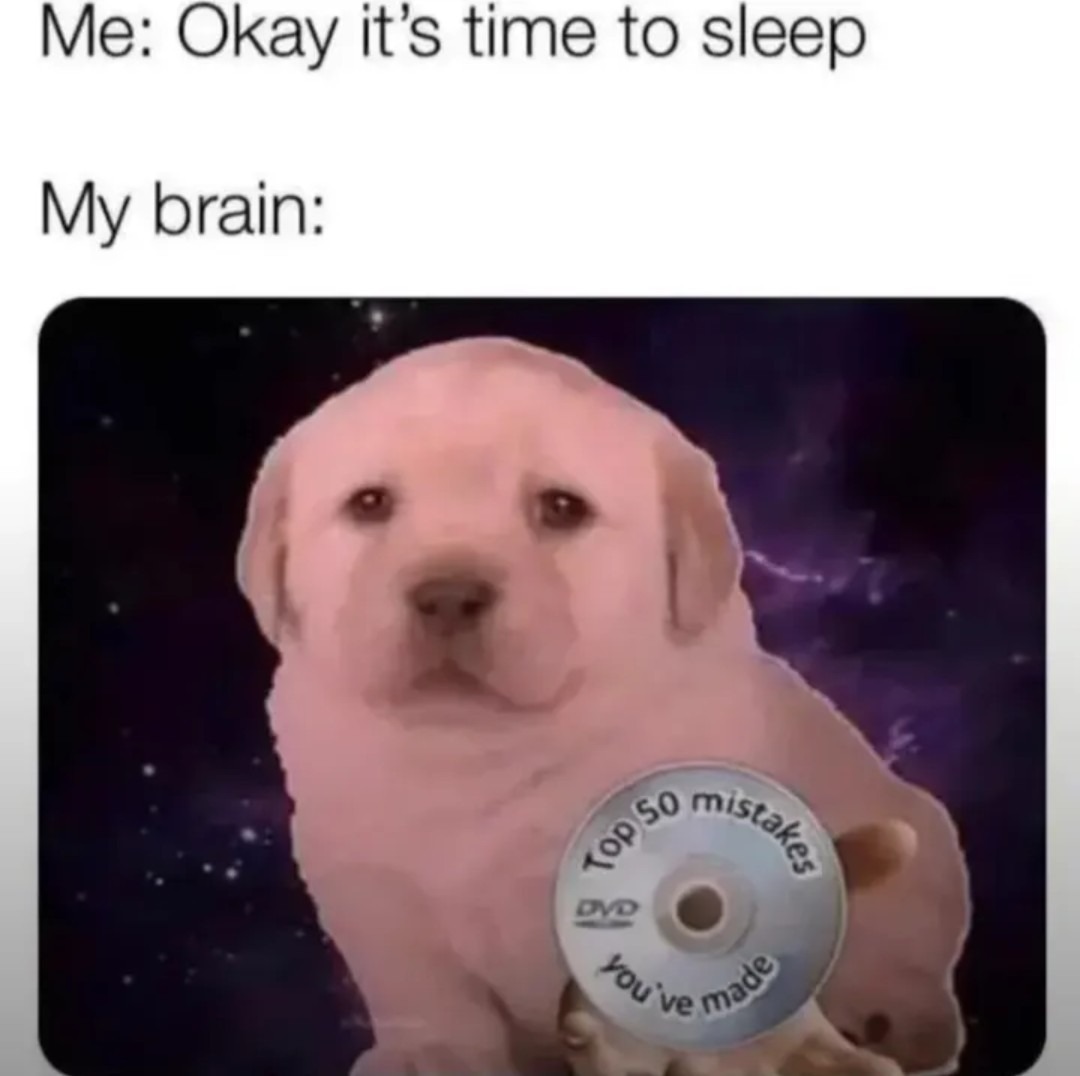 Me: Okay it's time to sleep My brain: Top 50 mistakes you've made
