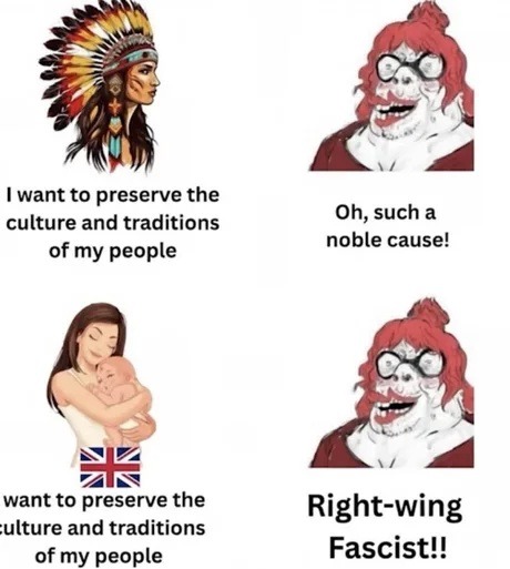I want to preserve the culture and traditions of my people. Oh, such a noble cause! I want to preserve the culture and traditions of my people. Right-wing Fascist!!