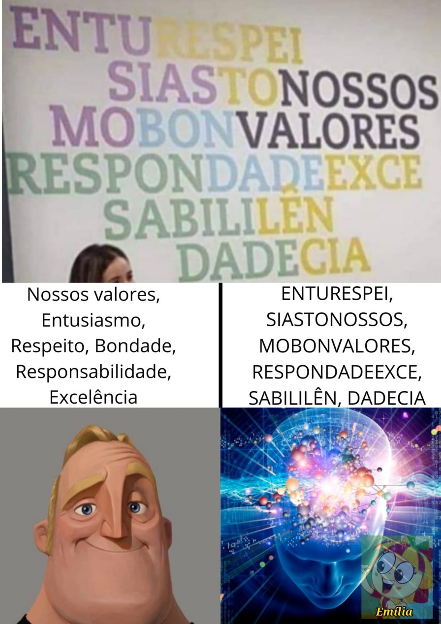 NOSSOS VALORES: ENTUSIASMO, RESPEITO, BONDADE, RESPONSABILIDADE, EXCELÊNCIA. ENTURESPEI, SIASTONOSSOS, MOBONVALORES, RESPONDADEEXCE, SABILILÊN, DADECIA. Nossos valores, Entusiasmo, Respeito, Bondade, Responsabilidade, Excelência.