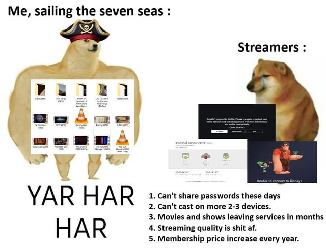 Me, sailing the seven seas: YAR HAR HAR. Streamers: 1. Can't share passwords these days. 2. Can't cast on more 2-3 devices. 3. Movies and shows leaving services in months. 4. Streaming quality is shit af. 5. Membership price increase every year. (Error messages visible: Couldn't connect to Netflix, Internal server error, Unable to connect to Disney