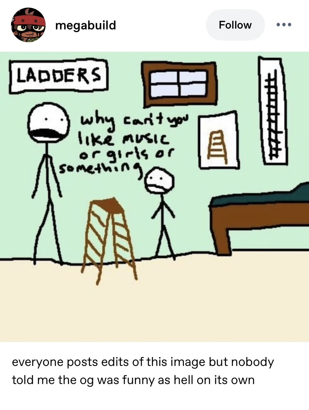 LADDERS. Why can't you like music or girls or something? Everyone posts edits of this image but nobody told me the og was funny as hell on its own.