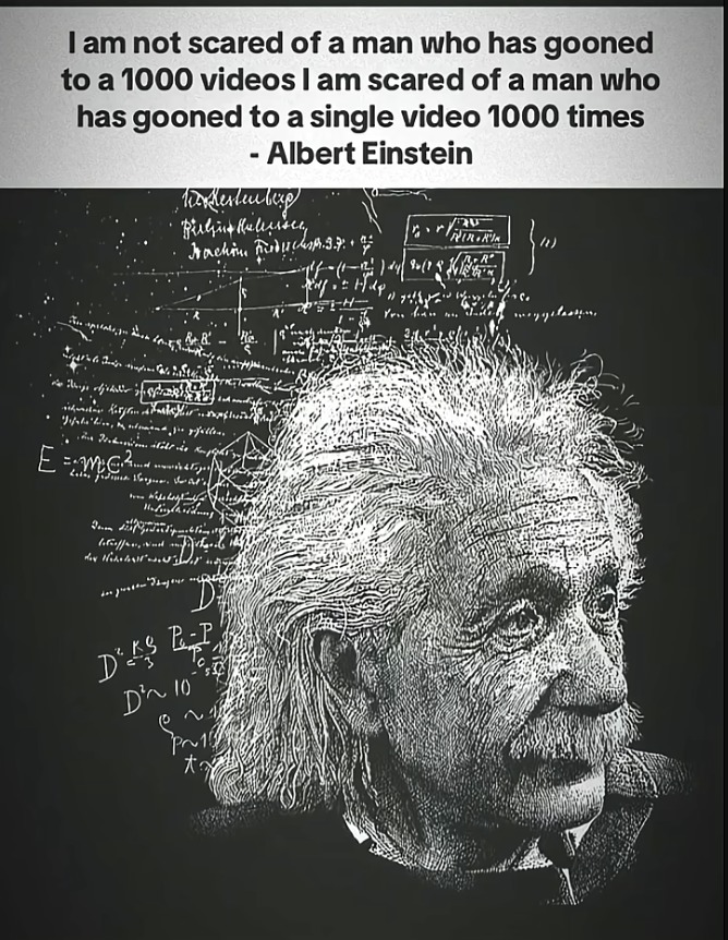 I am not scared of a man who has gooned to a 1000 videos I am scared of a man who has gooned to a single video 1000 times - Albert Einstein