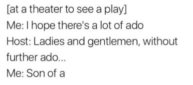 [at a theater to see a play] Me: I hope there's a lot of ado Host: Ladies and gentlemen, without further ado... Me: Son of a