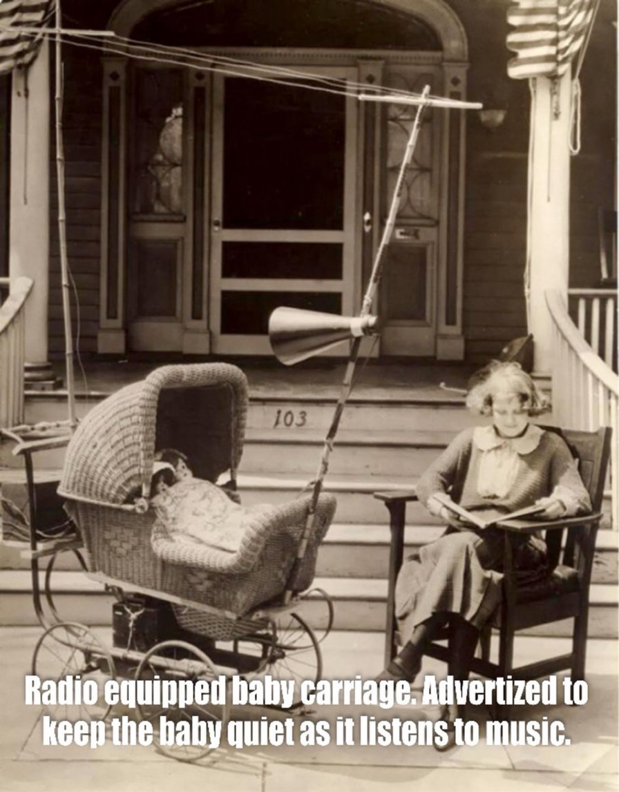 Radio equipped baby carriage. Advertised to keep the baby quiet as it listens to music.