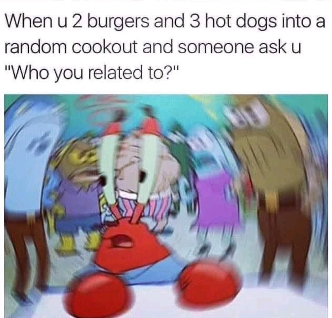 When u 2 burgers and 3 hot dogs into a random cookout and someone ask u 