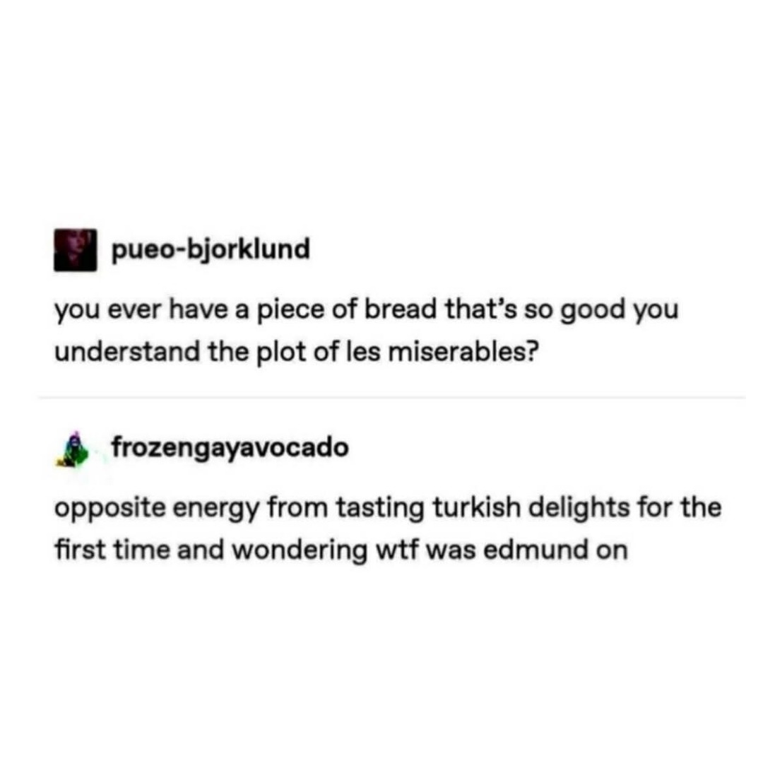 you ever have a piece of bread that's so good you understand the plot of les miserables? opposite energy from tasting turkish delights for the first time and wondering wtf was edmund on