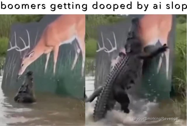 boomers getting dooped by ai slop. A two-panel image showing a deer cutout in water. In the first panel, a small alligator's head is near the deer's nose. In the second panel, the alligator jumps out of the water and attacks the deer cutout.