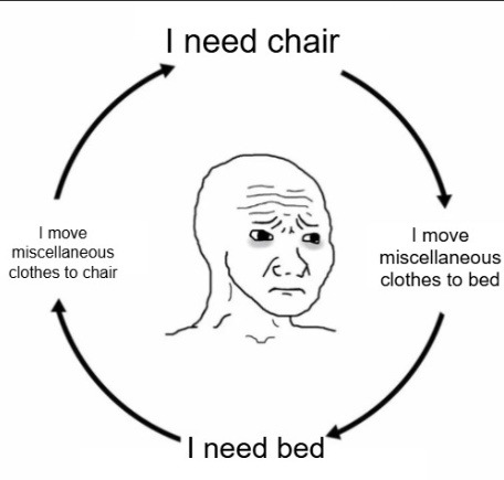 I need chair. I move miscellaneous clothes to bed. I need bed. I move miscellaneous clothes to chair.