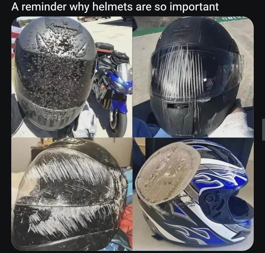 A reminder why helmets are so important. The image displays four different motorcycle helmets, each showing significant damage from impacts or slides. One helmet is covered in what appears to be insects, another has deep scratches on the visor and shell, a third is heavily scraped, and the fourth has a large section of its shell broken off, exposin