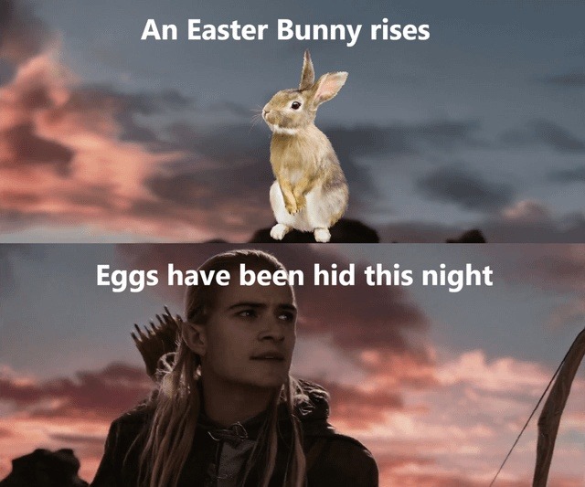 An Easter Bunny rises. Eggs have been hid this night.