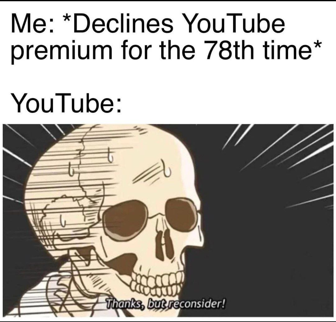 Me: *Declines YouTube premium for the 78th time* YouTube: Thanks, but reconsider!