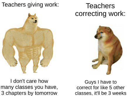 Teachers giving work: I don't care how many classes you have, 3 chapters by tomorrow. Teachers correcting work: Guys I have to correct for like 5 other classes, it'll be 3 weeks.