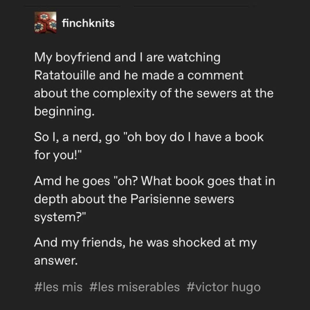 finchknits My boyfriend and I are watching Ratatouille and he made a comment about the complexity of the sewers at the beginning. So I, a nerd, go 