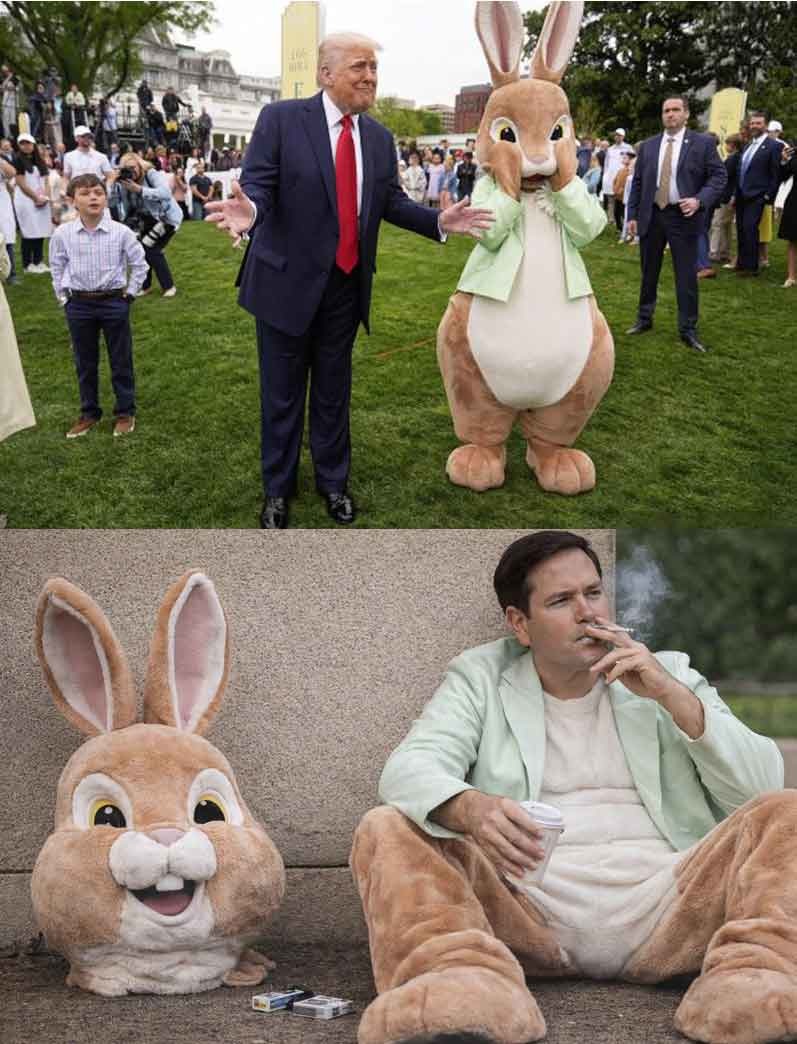 Donald Trump stands next to an Easter bunny mascot in a park with a crowd. Below, the head of the bunny costume lies on the ground while a man in the bunny suit's body sits, smoking a cigarette and drinking coffee.