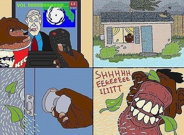 VOL 13 NEWS. A person is watching a news report about a hurricane on TV while eating KFC. The news anchor looks shocked. Outside, a house is being hit by a severe storm with high water and flying debris. A small figure looks out from inside the house. The person then tries to open a door, but leaves are blowing in due to the strong wind. Finally, a