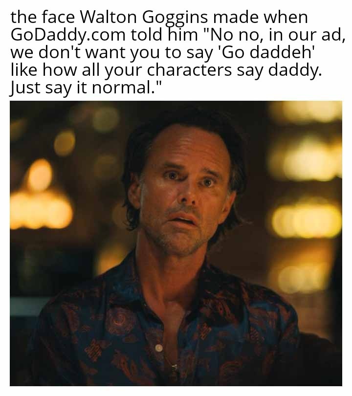 the face Walton Goggins made when GoDaddy.com told him 