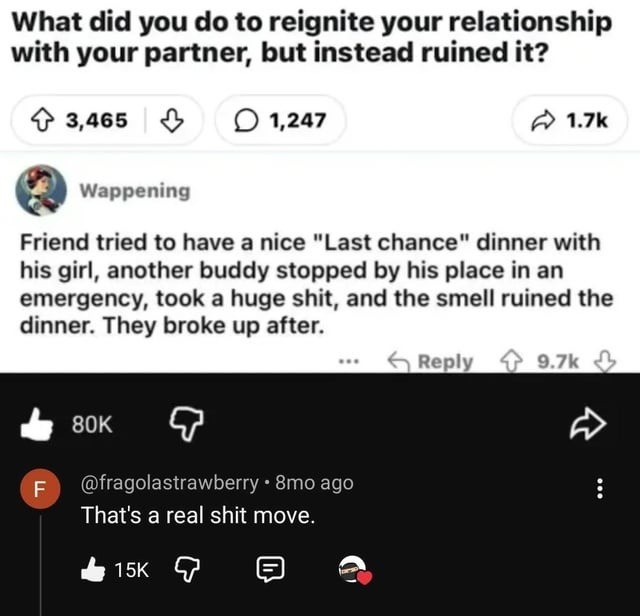 What did you do to reignite your relationship with your partner, but instead ruined it? Friend tried to have a nice 