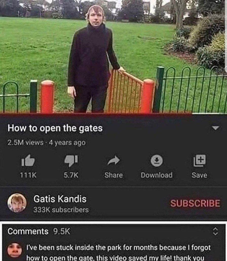 How to open the gates. A man stands next to a simple park gate. A comment reads: 