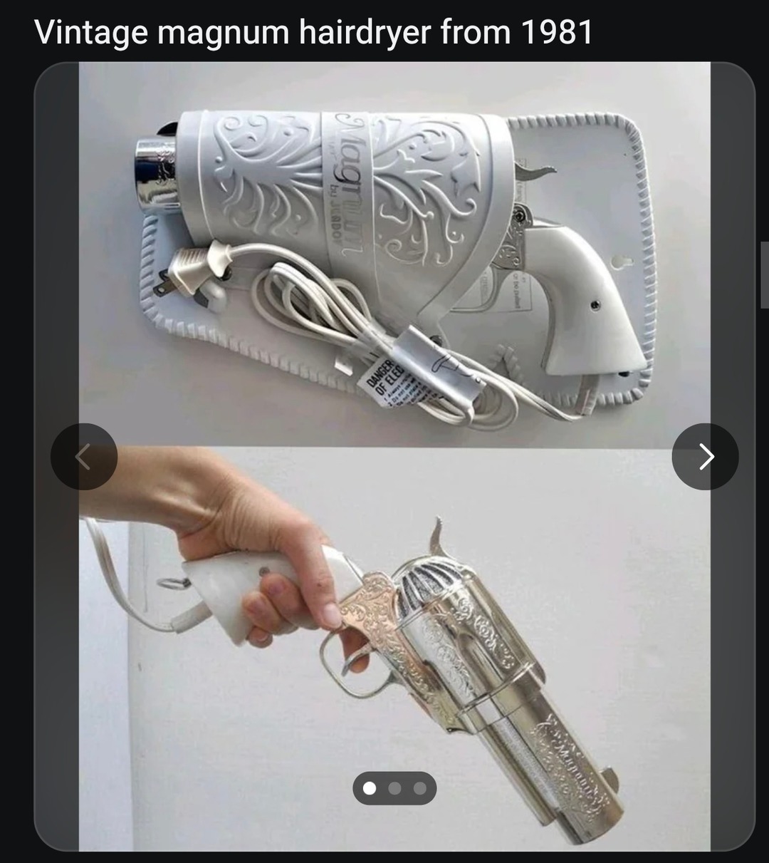 Vintage magnum hairdryer from 1981. The hairdryer itself is branded 'Magnum by JUBOR'. There's a warning tag on the cord that says 'DANGER OF ELEC'.