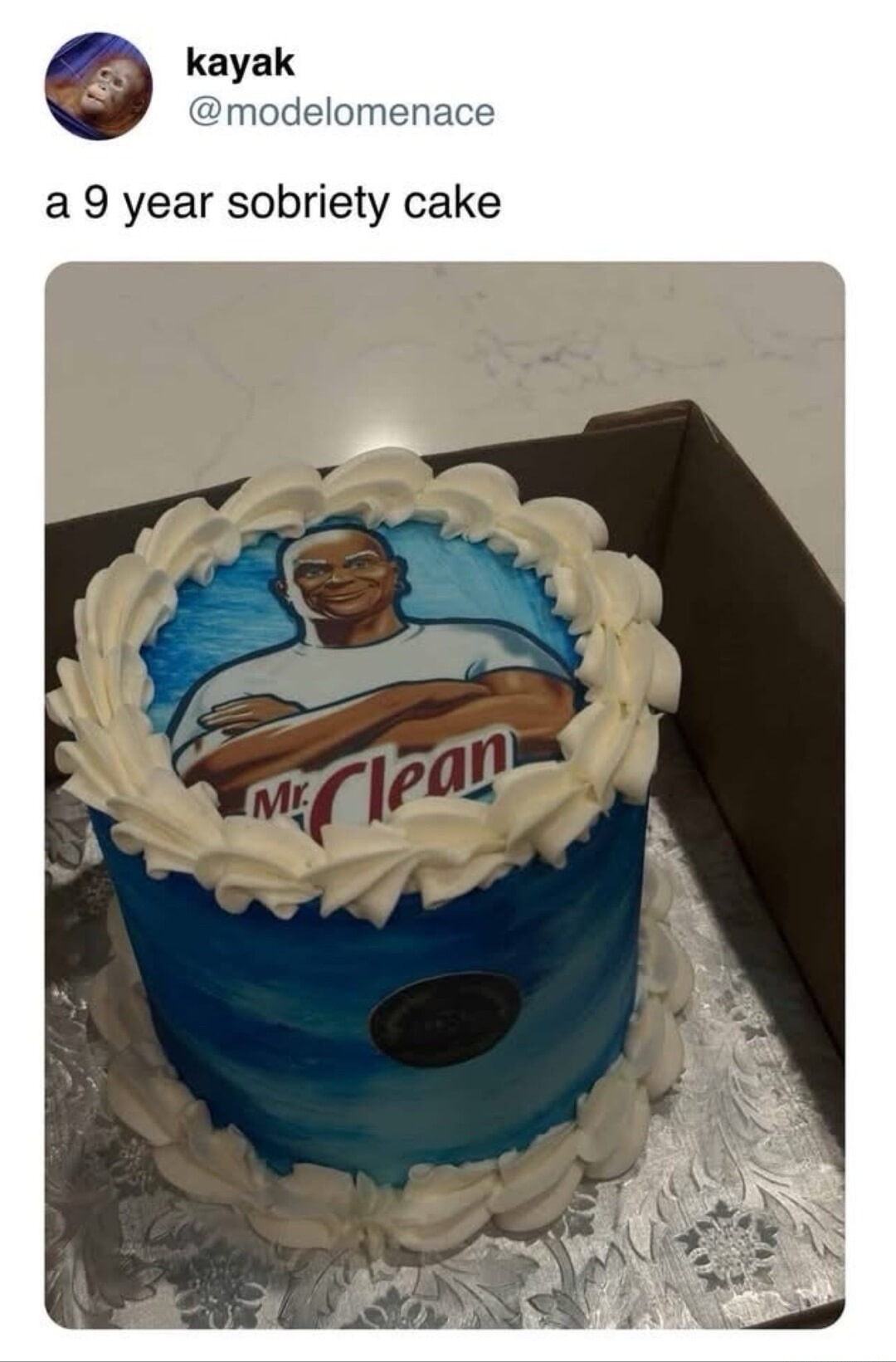 a 9 year sobriety cake Mr. Clean
