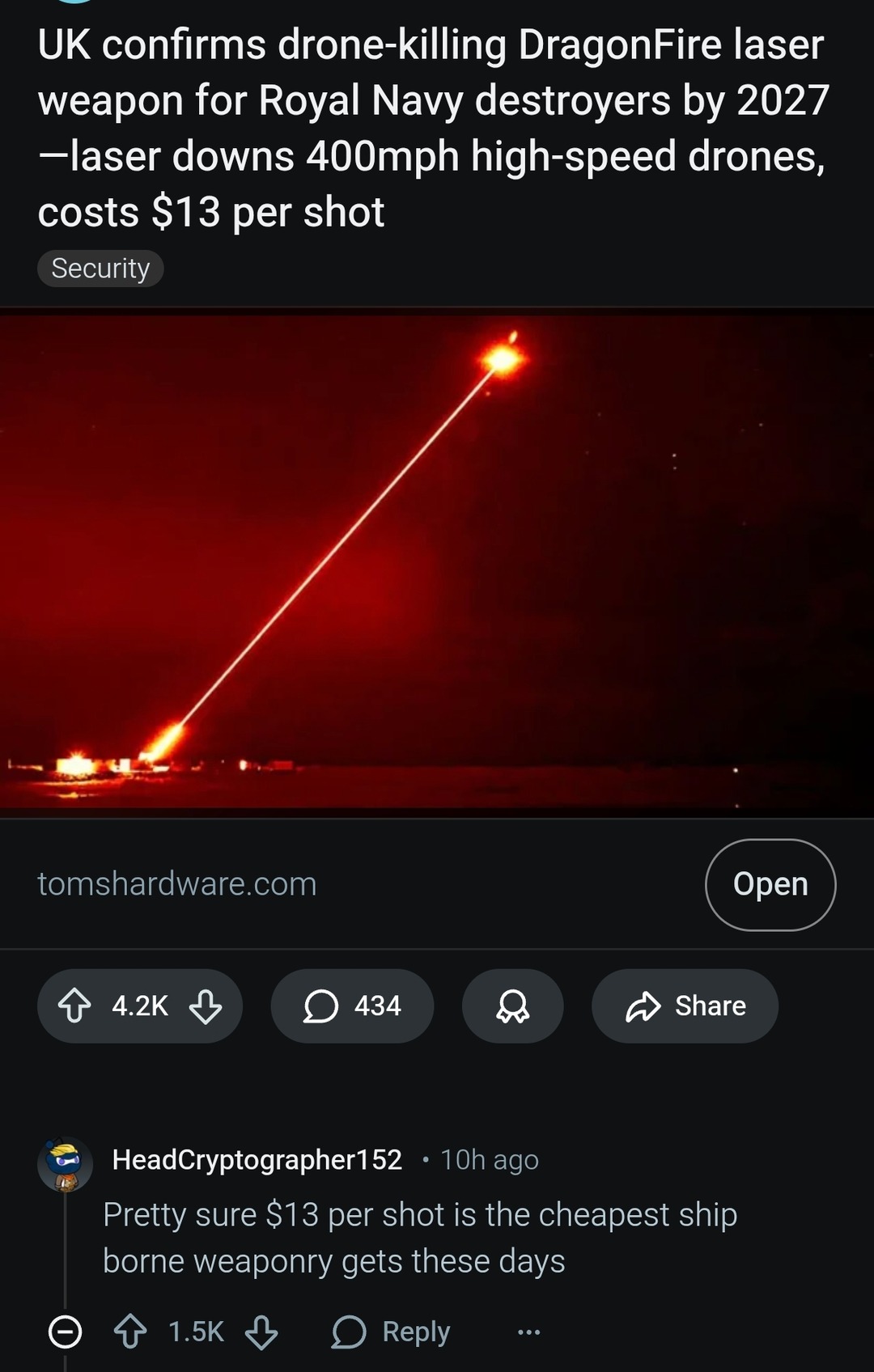 UK confirms drone-killing DragonFire laser weapon for Royal Navy destroyers by 2027 –laser downs 400mph high-speed drones, costs $13 per shot. Pretty sure $13 per shot is the cheapest ship borne weaponry gets these days.