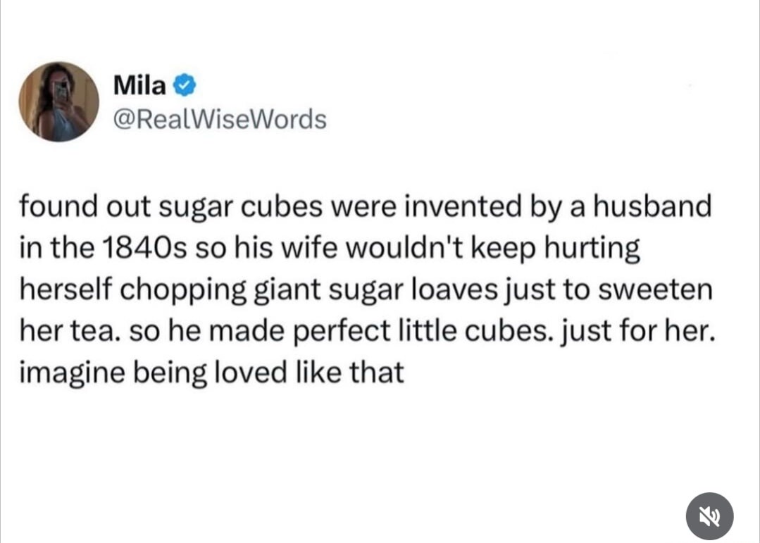 Mila @RealWiseWords found out sugar cubes were invented by a husband in the 1840s so his wife wouldn't keep hurting herself chopping giant sugar loaves just to sweeten her tea. so he made perfect little cubes. just for her. imagine being loved like that