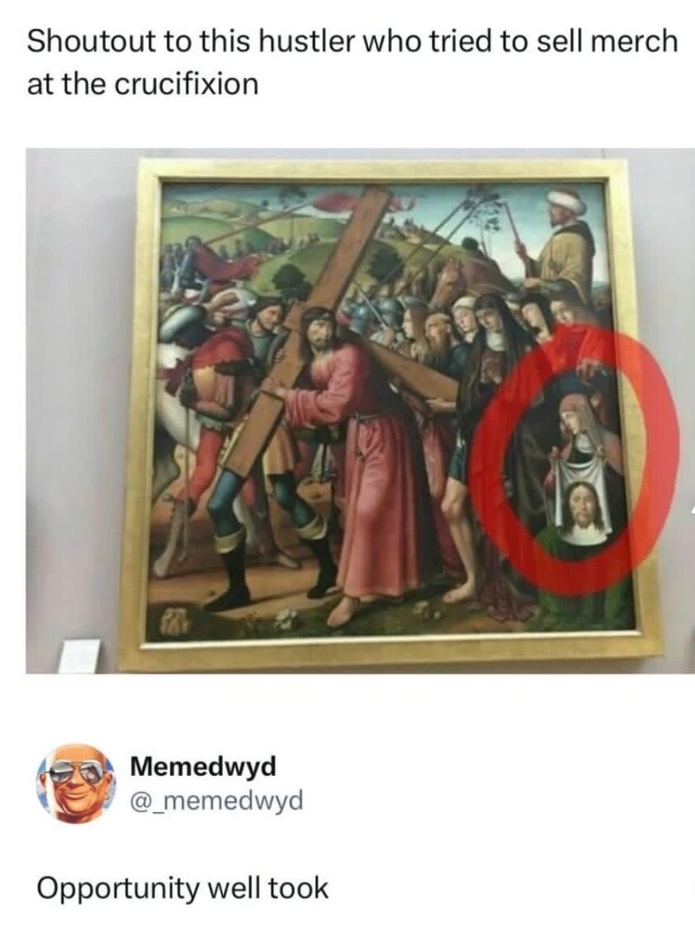 Shoutout to this hustler who tried to sell merch at the crucifixion Opportunity well took