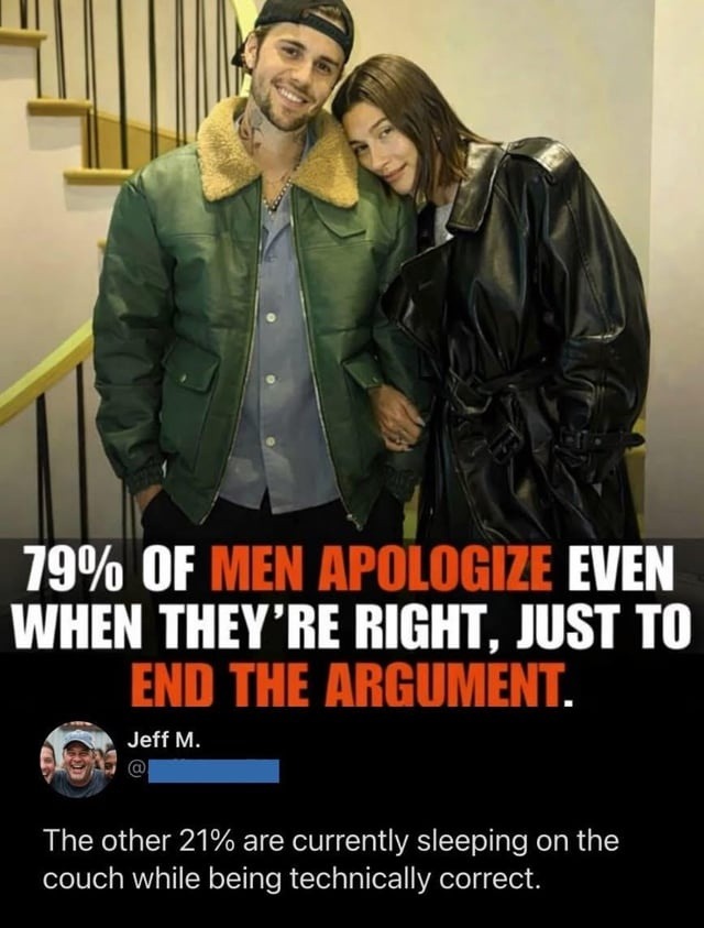79% OF MEN APOLOGIZE EVEN WHEN THEY'RE RIGHT, JUST TO END THE ARGUMENT. Jeff M. The other 21% are currently sleeping on the couch while being technically correct.