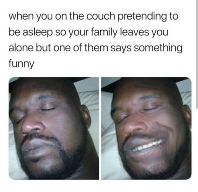 when you on the couch pretending to be asleep so your family leaves you alone but one of them says something funny