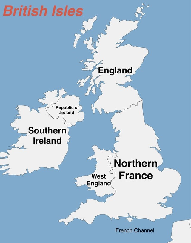 British Isles, England, Republic of Ireland, Southern Ireland, West England, Northern France, French Channel