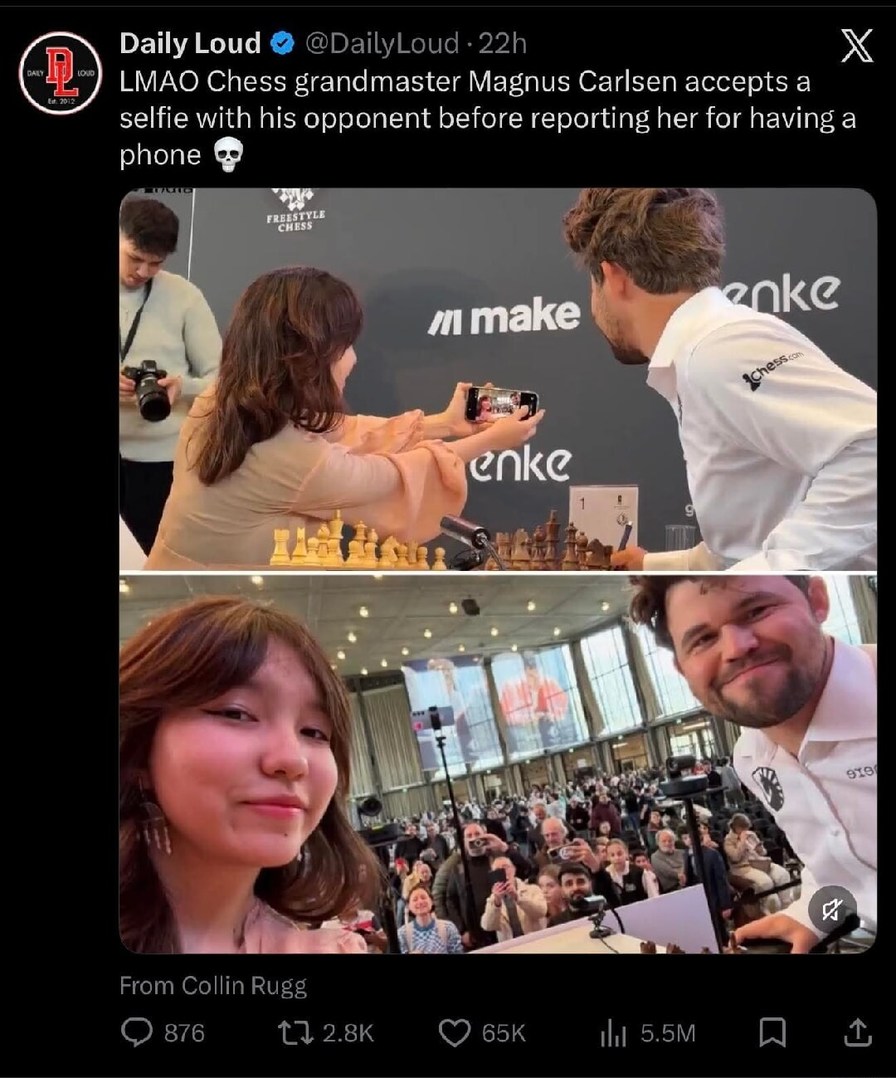 LMAO Chess grandmaster Magnus Carlsen accepts a selfie with his opponent before reporting her for having a phone 💀