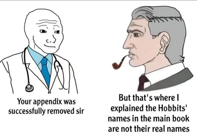 Your appendix was successfully removed sir. But that's where I explained the Hobbits' names in the main book are not their real names.