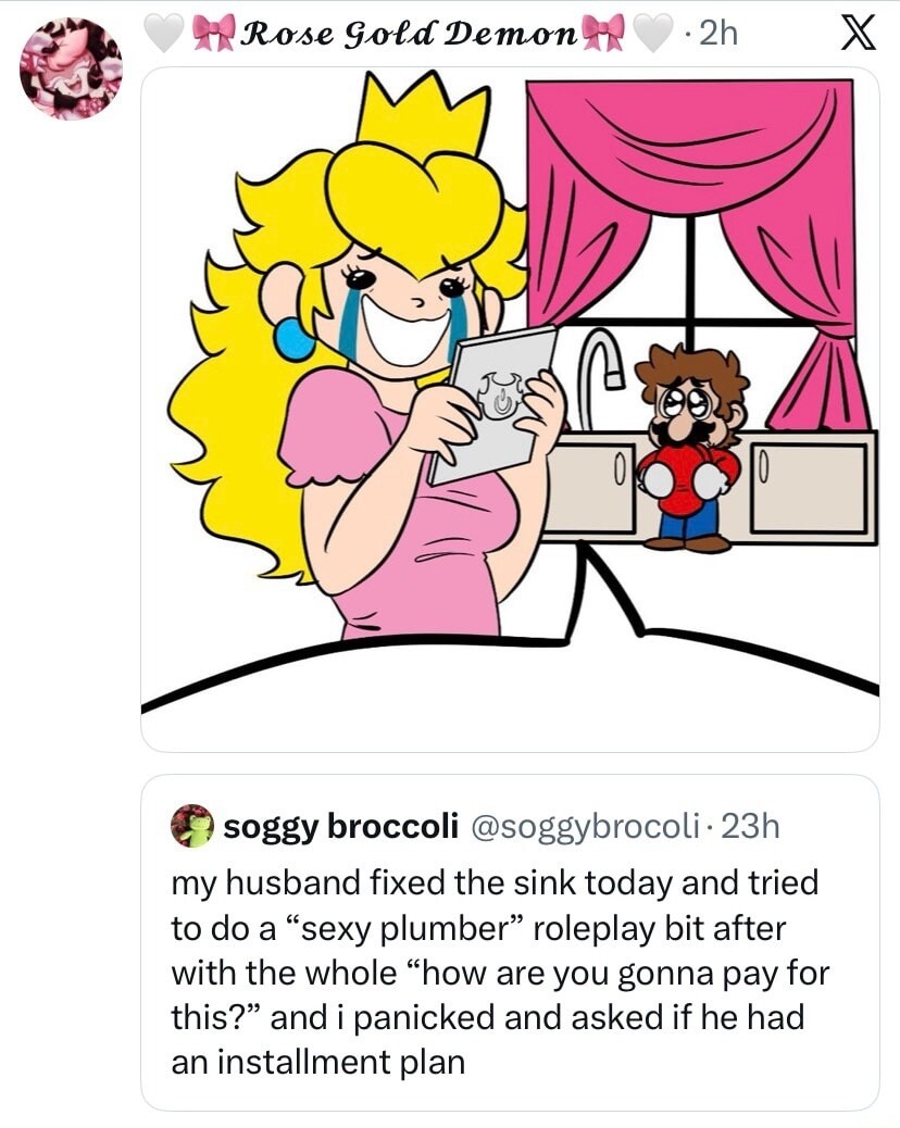 Rose Gold Demon. soggy broccoli @soggybrocoli. my husband fixed the sink today and tried to do a “sexy plumber” roleplay bit after with the whole “how are you gonna pay for this?” and i panicked and asked if he had an installment plan