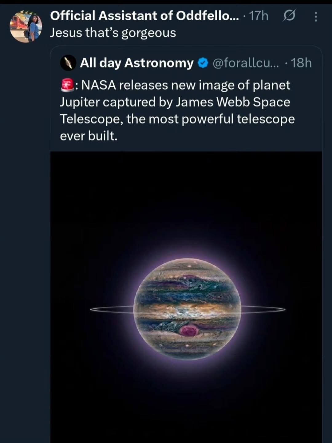 Jesus that's gorgeous. NASA releases new image of planet Jupiter captured by James Webb Space Telescope, the most powerful telescope ever built.