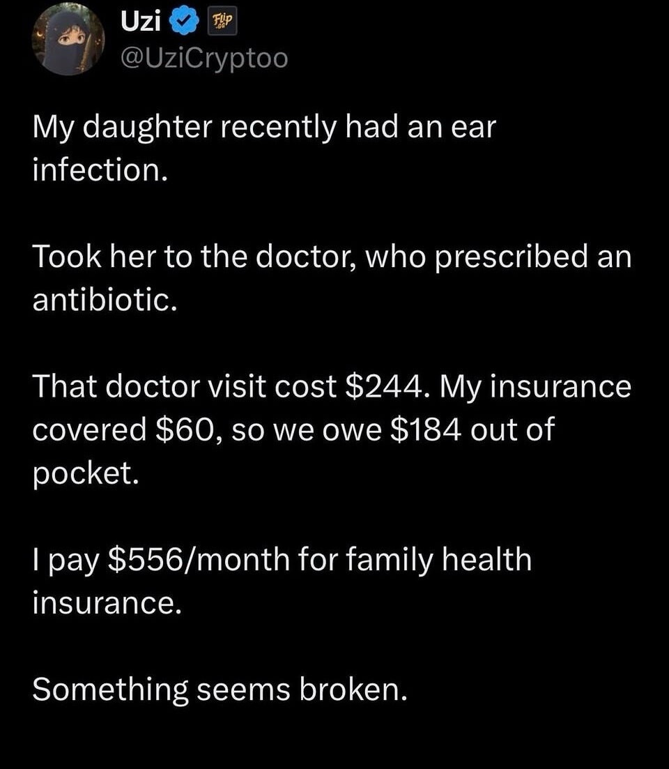 My daughter recently had an ear infection. Took her to the doctor, who prescribed an antibiotic. That doctor visit cost $244. My insurance covered $60, so we owe $184 out of pocket. I pay $556/month for family health insurance. Something seems broken.