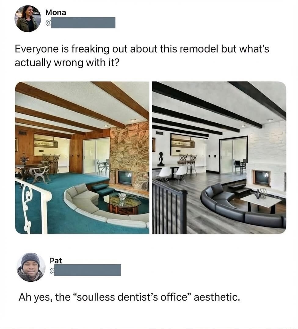 Everyone is freaking out about this remodel but what's actually wrong with it? Ah yes, the 'soulless dentist's office' aesthetic.