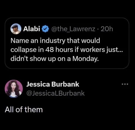 Name an industry that would collapse in 48 hours if workers just... didn't show up on a Monday. All of them