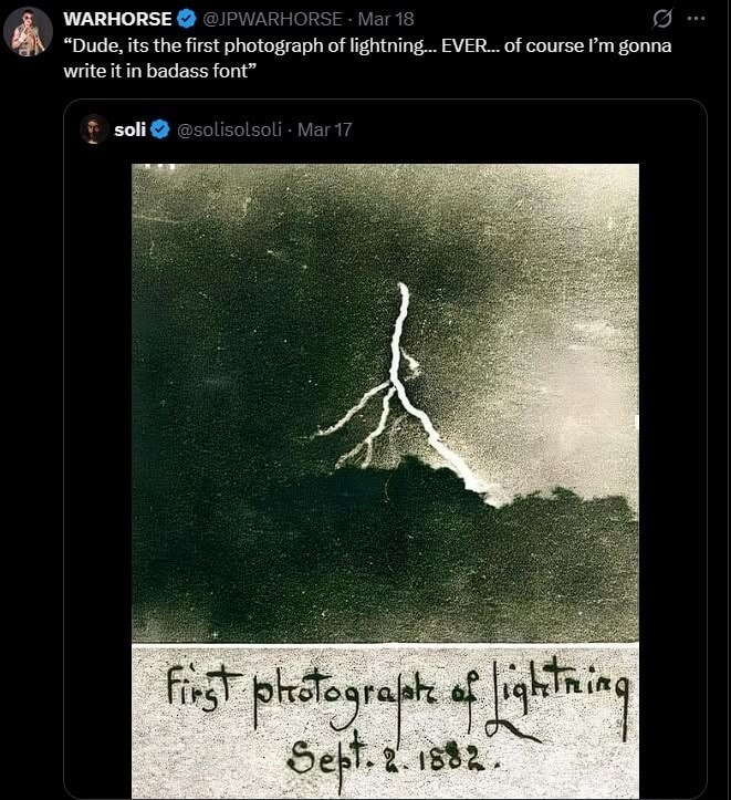 Dude, its the first photograph of lightning... EVER... of course I'm gonna write it in badass font. first photograph of lightning Sept. 2. 1882.