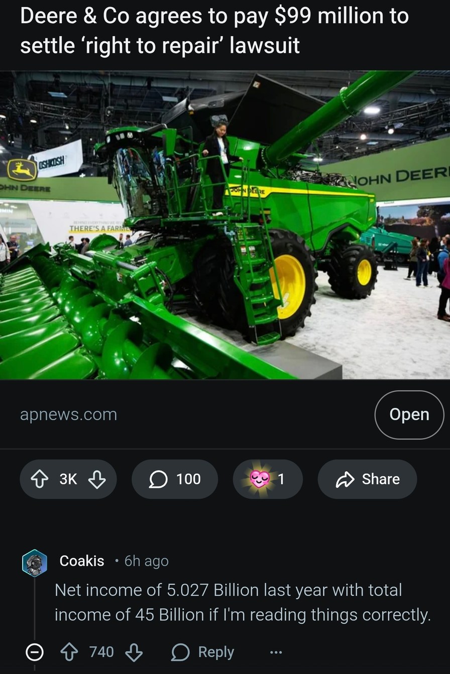 Deere & Co agrees to pay $99 million to settle 'right to repair' lawsuit. A large green John Deere combine harvester is displayed at an exhibition, with a person standing on its platform. Visible text in the background includes 'JOHN DEERE', 'OSHKOSH', and 'THERE'S A FARMER'. A user comment states: 'Net income of 5.027 Billion last year with total 