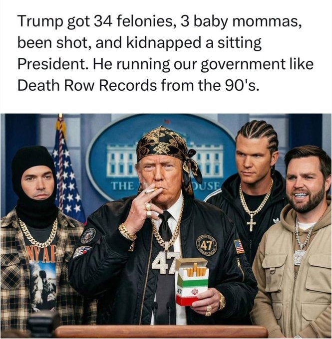 Trump got 34 felonies, 3 baby mommas, been shot, and kidnapped a sitting President. He running our government like Death Row Records from the 90's.