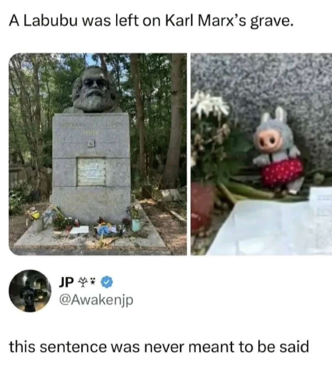 A Labubu was left on Karl Marx's grave. JP @Awakenjp this sentence was never meant to be said